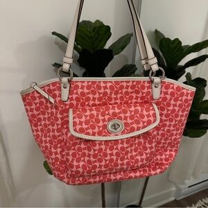 Coach Signature Leah Large Shoulder Tote Bag Khaki White 15135 Handbag Purse